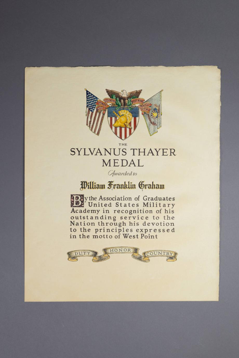 Certificate for the Sylvanus Thayer Medal awarded to Billy Graham