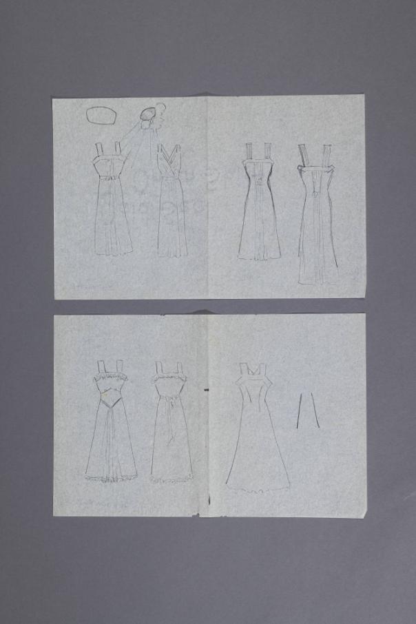 Ruth Graham's drawings of her wedding dress and veil