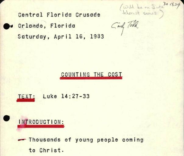 Billy Graham's Orlando Crusade sermon manuscript