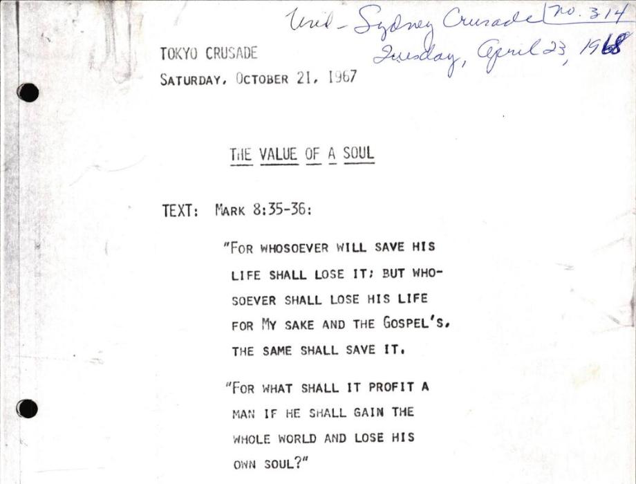Billy Graham's Sydney Crusade sermon manuscript