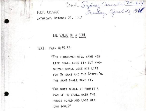 Billy Graham's Sydney Crusade sermon manuscript