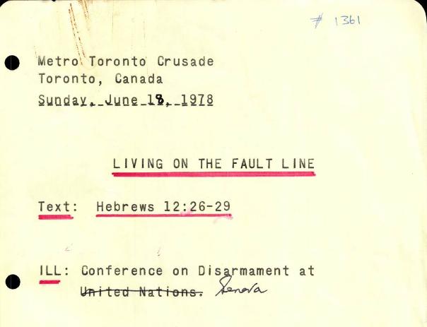 Billy Graham's Metro Toronto Crusade sermon manuscript