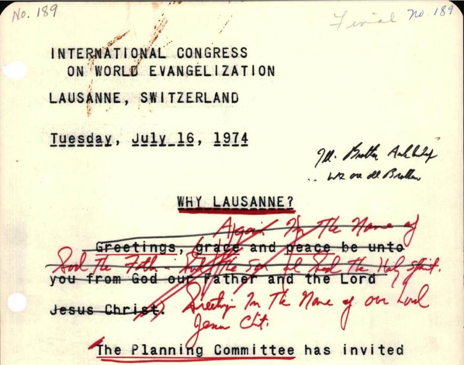 Billy Graham's International Congress on World Evangelization sermon manuscript