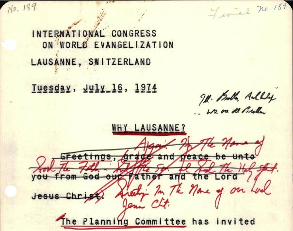 Billy Graham's International Congress on World Evangelization sermon manuscript