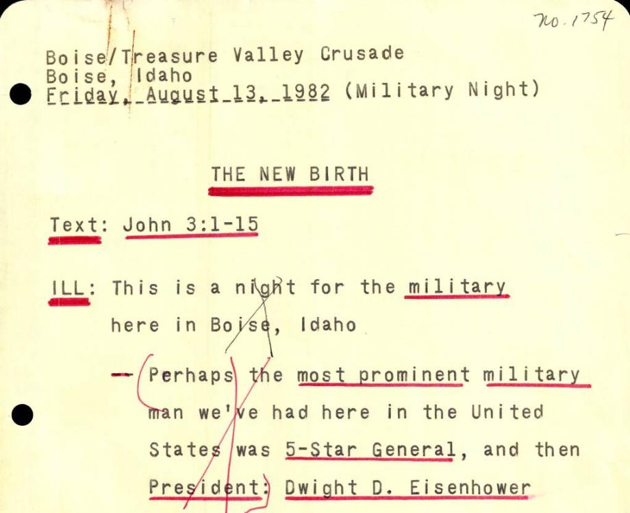 Billy Graham's Boise/Treasure Valley Crusade sermon manuscript