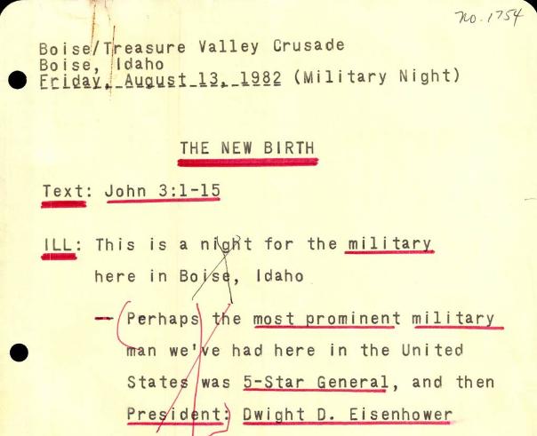 Billy Graham's Boise/Treasure Valley Crusade sermon manuscript