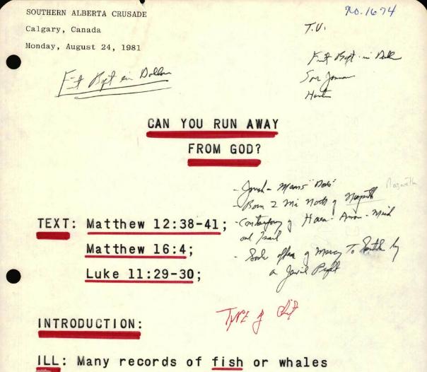 Billy Graham's Southern Alberta Crusade sermon manuscript