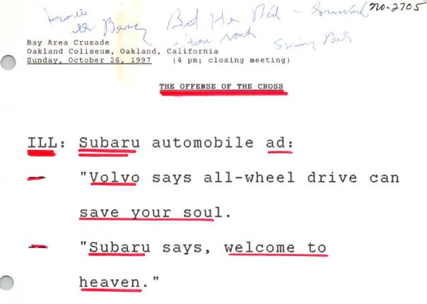 Billy Graham's Oakland Crusade sermon manuscript