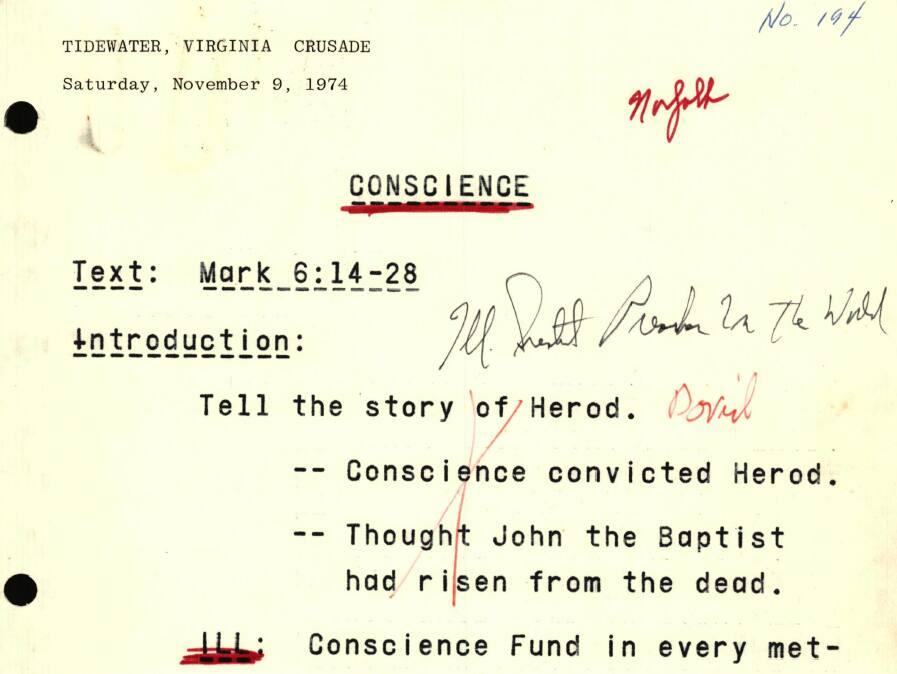 Billy Graham's Tidewater Crusade sermon manuscript