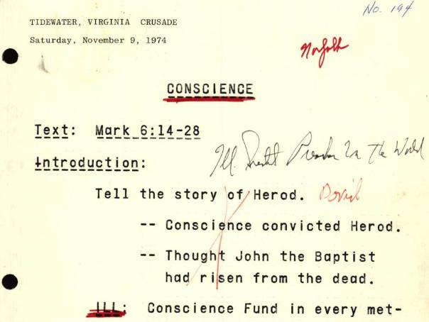 Billy Graham's Tidewater Crusade sermon manuscript